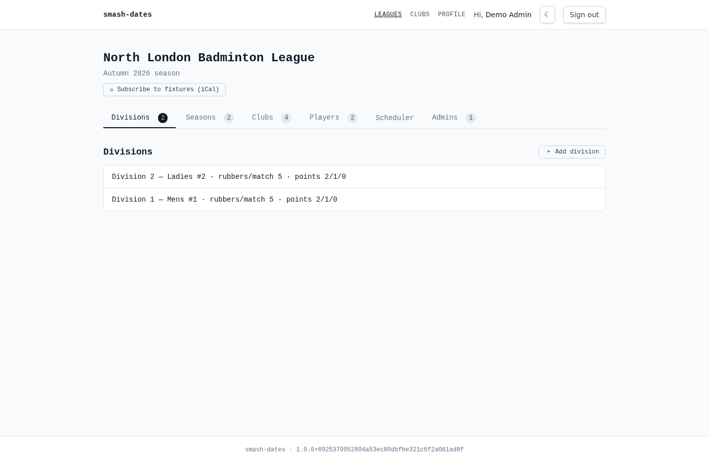 League page with divisions